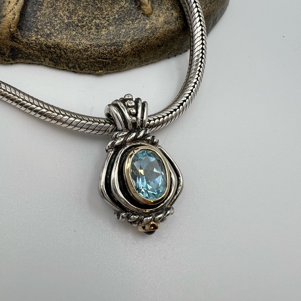 16” Vintage Sterling Silver Chunky Necklace with Blue Gemstone Pendant - Picture 4 of 14